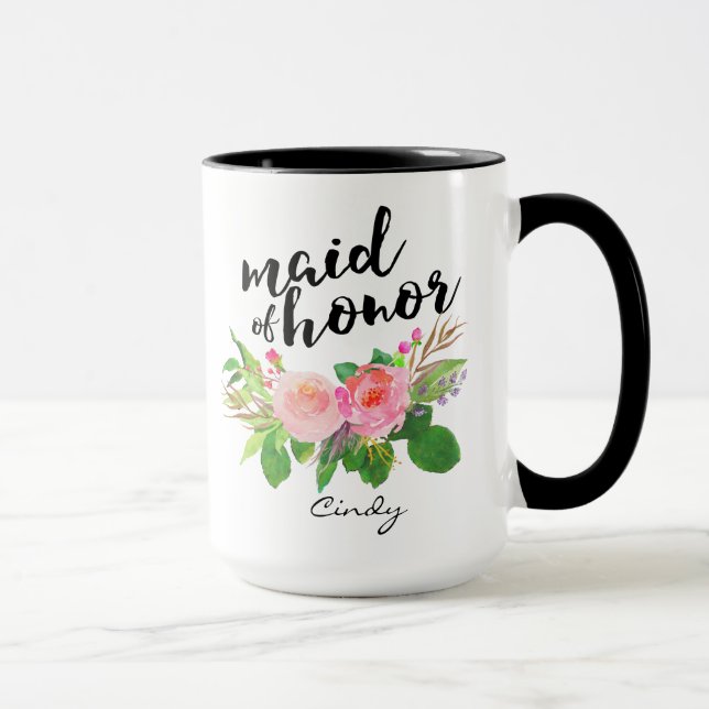 Maid of Honor Watercolor Floral Personalized Mug (Right)