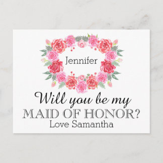 Maid of Honor watercolor floral wreath Invitation Postcard