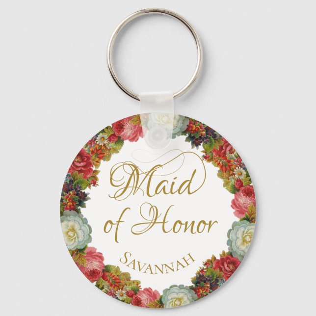 Maid of Honor Wedding Favor Autumn Flowers Keychain (Front)