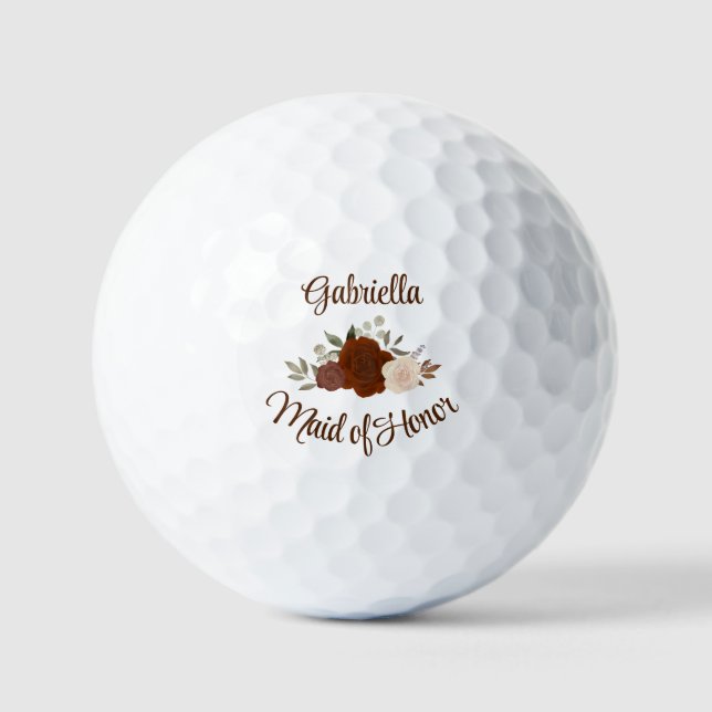 Maid of Honor Wedding Favor Rust Orange Roses Golf Balls (Front)