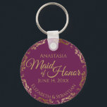 Maid of Honor Wedding Gift Cassis Purple & Gold Keychain<br><div class="desc">These keychains are designed to give as favors to the Maid of Honor in your wedding party. They feature a simple yet elegant design with a cassis purple, magenta, or berry colored background, gold text, and a golden faux foil floral lace border. Perfect way to thank your Maid of Honor...</div>