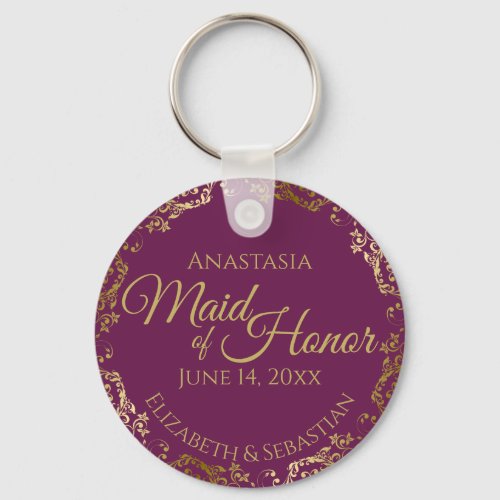 Maid of Honor Wedding Gift Cassis Purple  Gold Keychain