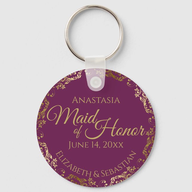 Maid of Honor Wedding Gift Cassis Purple & Gold Keychain (Front)