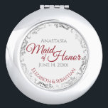 Maid of Honor Wedding Gift Crimson Red Silver Lace Compact Mirror<br><div class="desc">This compact mirror is designed to give as a gift or favor to the Maid of Honor in your wedding party. It features a simple yet elegant design with a white background, crimson red script lettering, and a silver faux foil floral lace border. Perfect way to thank her for being...</div>