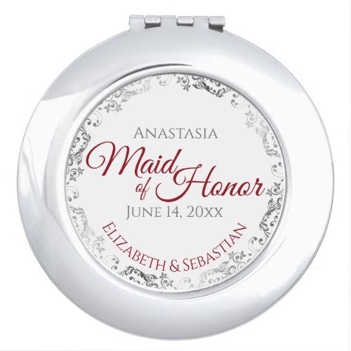 Maid of Honor Wedding Gift Crimson Red Silver Lace Compact Mirror