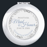 Maid of Honor Wedding Gift Dusty Blue Silver Lace Compact Mirror<br><div class="desc">This compact mirror is designed to give as a gift or favor to the Maid of Honor in your wedding party. It features a simple yet elegant design with a white background, dusty blue script lettering, and a silver faux foil floral lace border. Perfect way to thank her for being...</div>