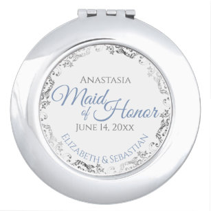 Maid of Honor Wedding Gift Dusty Blue Silver Lace Compact Mirror