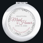 Maid of Honor Wedding Gift Dusty Rose Silver Lace Compact Mirror<br><div class="desc">This compact mirror is designed to give as a gift or favor to the Maid of Honor in your wedding party. It features a simple yet elegant design with a white background, dusty rose or mauve pink script lettering, and a silver faux foil floral lace border. Perfect way to thank...</div>