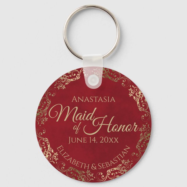 Maid of Honor Wedding Gift Elegant Gold on Red Keychain (Front)