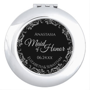 Maid of Honor Wedding Gift Fancy Black & Silver Compact Mirror