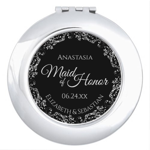 Maid of Honor Wedding Gift Fancy Black  Silver Compact Mirror