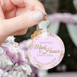 Maid of Honor Wedding Gift Gold Frills on Lilac Keychain<br><div class="desc">These keychains are designed to give as favors to the Maid of Honor in your wedding party. They feature a simple yet elegant design with a pale lilac purple colored background, gold text, and a lacy golden faux foil floral border. The text reads "Maid of Honor" with space for her...</div>