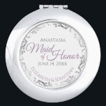 Maid of Honor Wedding Gift Lavender Purple Silver Compact Mirror<br><div class="desc">These compact mirrors are designed to give as favors to the Maid of Honor in your wedding party. Designed to coordinate with our Purple & Gray Elegant Wedding Suite, they feature a simple yet elegant design with a white background, Purple & Gray, and a silver faux foil floral border. Perfect...</div>