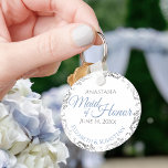 Maid of Honor Wedding Gift Light Blue & Gray Lacy Keychain<br><div class="desc">These keychains are designed to give as favors to the Maid of Honor in your wedding party. Designed to coordinate with our Blue & Gray Elegant Wedding Suite, they feature a simple yet elegant design with a white background, light blue & Gray text, and a silver faux foil floral border....</div>