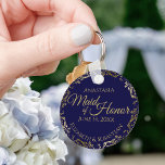Maid of Honor Wedding Gift Navy Blue and Gold Keychain<br><div class="desc">These keychains are designed to give as favors to the Maid of Honor in your wedding party. They feature a simple yet elegant design with a navy blue background, gold text, and a golden faux foil floral lace border. Perfect way to thank your Maid of Honor for being a part...</div>