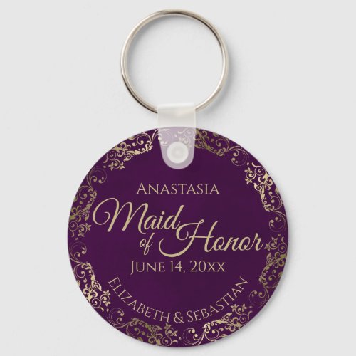 Maid of Honor Wedding Gift Plum Purple  Gold Keychain