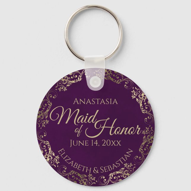 Maid of Honor Wedding Gift Plum Purple & Gold Keychain (Front)