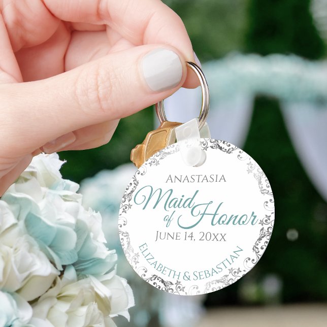 Maid of Honor Wedding Gift Teal & Gray Lacy Keychain (Creator Uploaded)