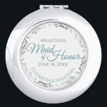 Maid of Honor Wedding Gift Teal & Silver Lace Compact Mirror<br><div class="desc">This compact mirror is designed to give as a gift or favor to the Maid of Honor in your wedding party. It features a simple yet elegant design with a white background, teal or turquoise colored script lettering, and a silver faux foil floral lace border. Perfect way to thank her...</div>