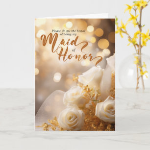 Maid of Honor Wedding Party Gold and White Roses Card