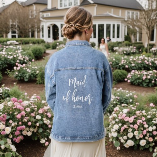 Maid of Honor Wedding White Script Denim Jacket