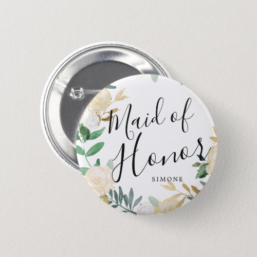 Maid of Honor White Rose Bouquet Custom Wedding Button