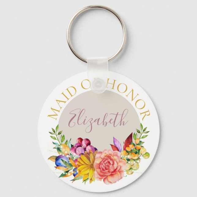 Maid of Honor with Name Floral Bouquet Keychain (Front)