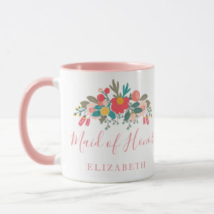 Maid of Honor with Name Pink Floral Bouquet Mug