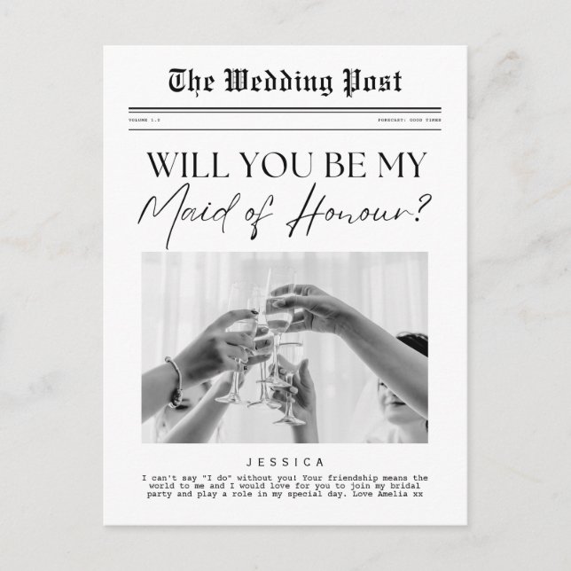 Maid of Honour Proposal, UK Customizable Newspaper Postcard (Front)