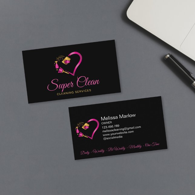 Maid Residential Commercial Cleaning Housekeeping Business Card (pink and gold heart cleaning logo)