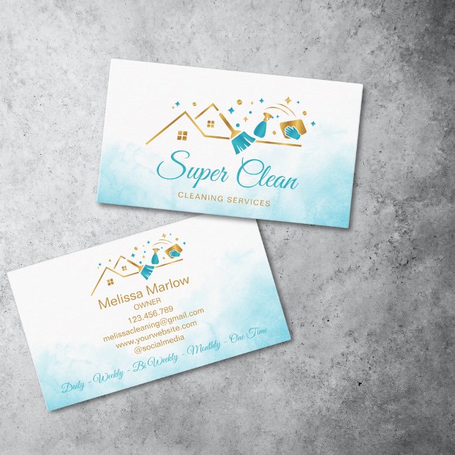 Maid Residential Commercial Cleaning Housekeeping Business Card (cleaning logo with broom, cleaning tools and gold ouse roofs)