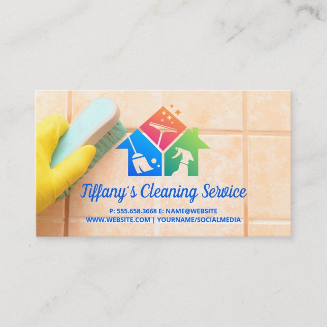 Maid Scrubbing Bathroom Tiles | Cleaning Icons Business Card (Front)
