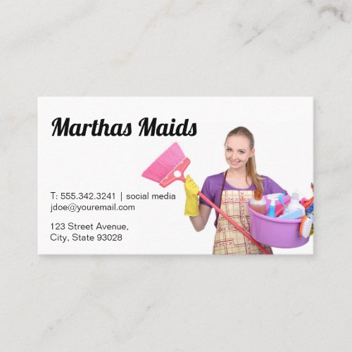 Maid Service  Cleaning Lady Holding Broom Business Card