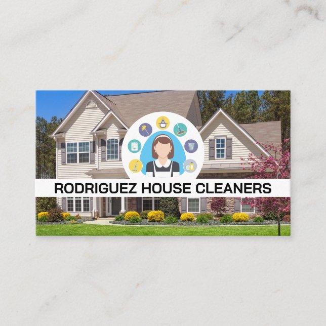 Maid Service Logo | House Front Yard Business Card (Front)