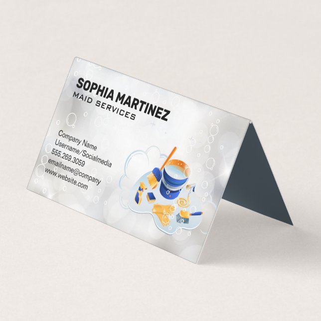Maid Service | Mop and Broom | Sparkly Bubbles Business Card (Front)