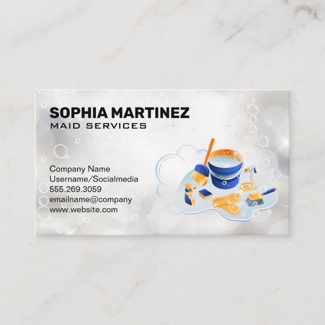 Maid Service | Mop and Broom | Sparkly Bubbles Business Card (Front)