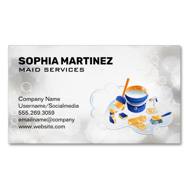 Maid Service | Mop and Broom | Sparkly Bubbles Business Card Magnet (Front)