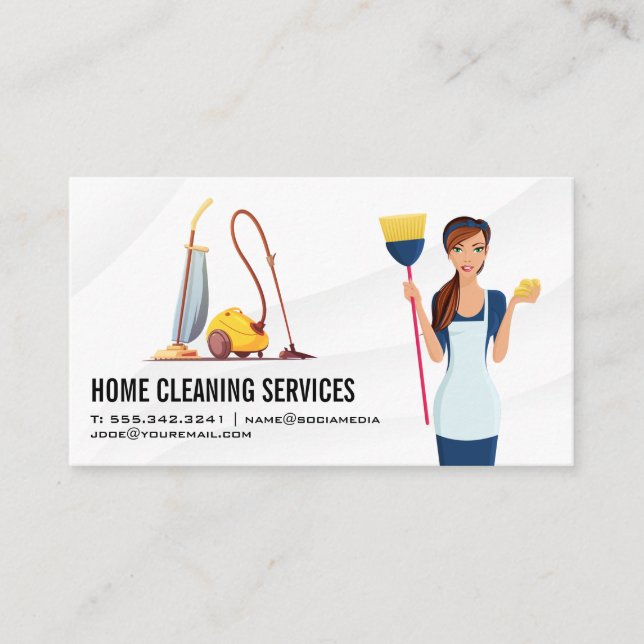 Maid with Broom and Cleaning Tools Business Card (Front)