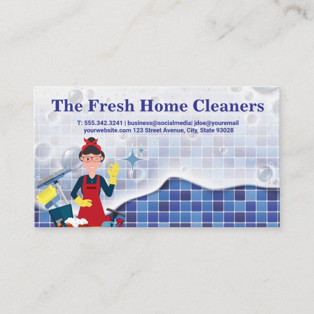 Maid with Her Cleaning Tools | Soap Suds Tiles Business Card (Front)