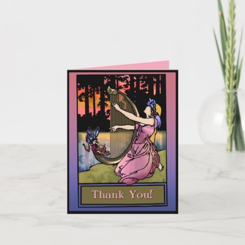 Maiden Playing Harp By The Lake Thank You Thank You Card