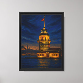 Maiden’s Tower in Istanbul at Night with Flag Canvas Print