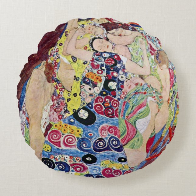 Maiden (Virgin), Gustav Klimt, Vintage Art Nouveau Round Pillow (Front)