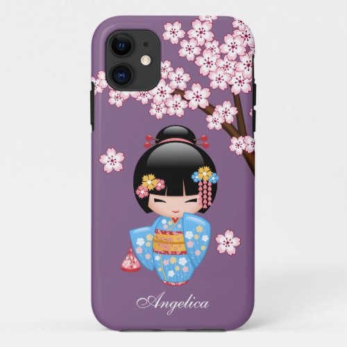 Maiko Kokeshi Doll _ Blue Kimono Geisha Girl iPhone 11 Case