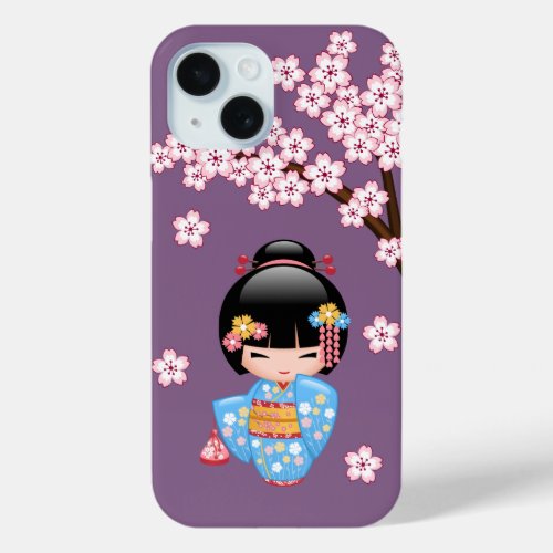 Maiko Kokeshi Doll _ Blue Kimono Geisha Girl iPhone 15 Case