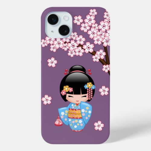 Maiko Kokeshi Doll _ Blue Kimono Geisha Girl iPhone 15 Plus Case