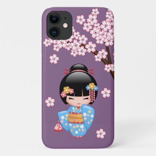 Maiko Kokeshi Doll _ Blue Kimono Geisha Girl iPhone 11 Case