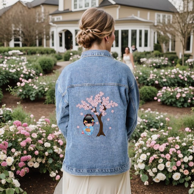 Maiko Kokeshi Doll - Blue Kimono Geisha Girl Denim Jacket (Wedding Back)