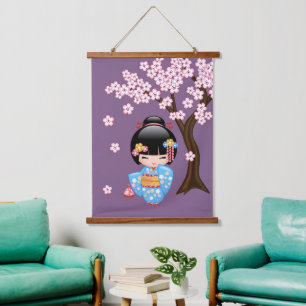 Maiko Kokeshi Doll - Blue Kimono Geisha Girl Hanging Tapestry
