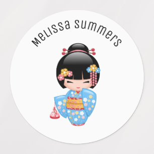 Maiko Kokeshi Doll - Blue Kimono Geisha Girl Kids' Labels