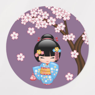 Maiko Kokeshi Doll - Blue Kimono Geisha Girl Kids' Labels